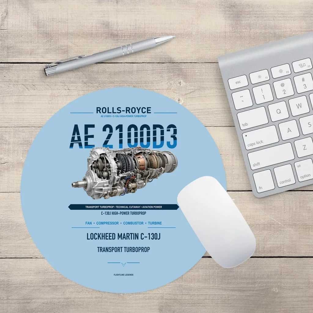 AE 2100D3 design on light blue round mouse pad