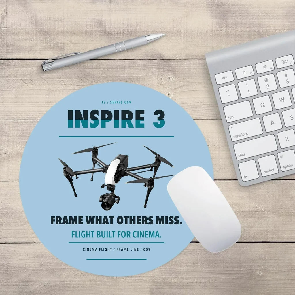 DJI Inspire 3 design on light blue round mouse pad