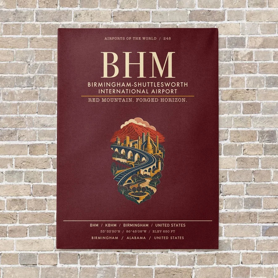 Birmingham-Shuttlesworth International Airport BHM vertical canvas print - no frame - dark red background