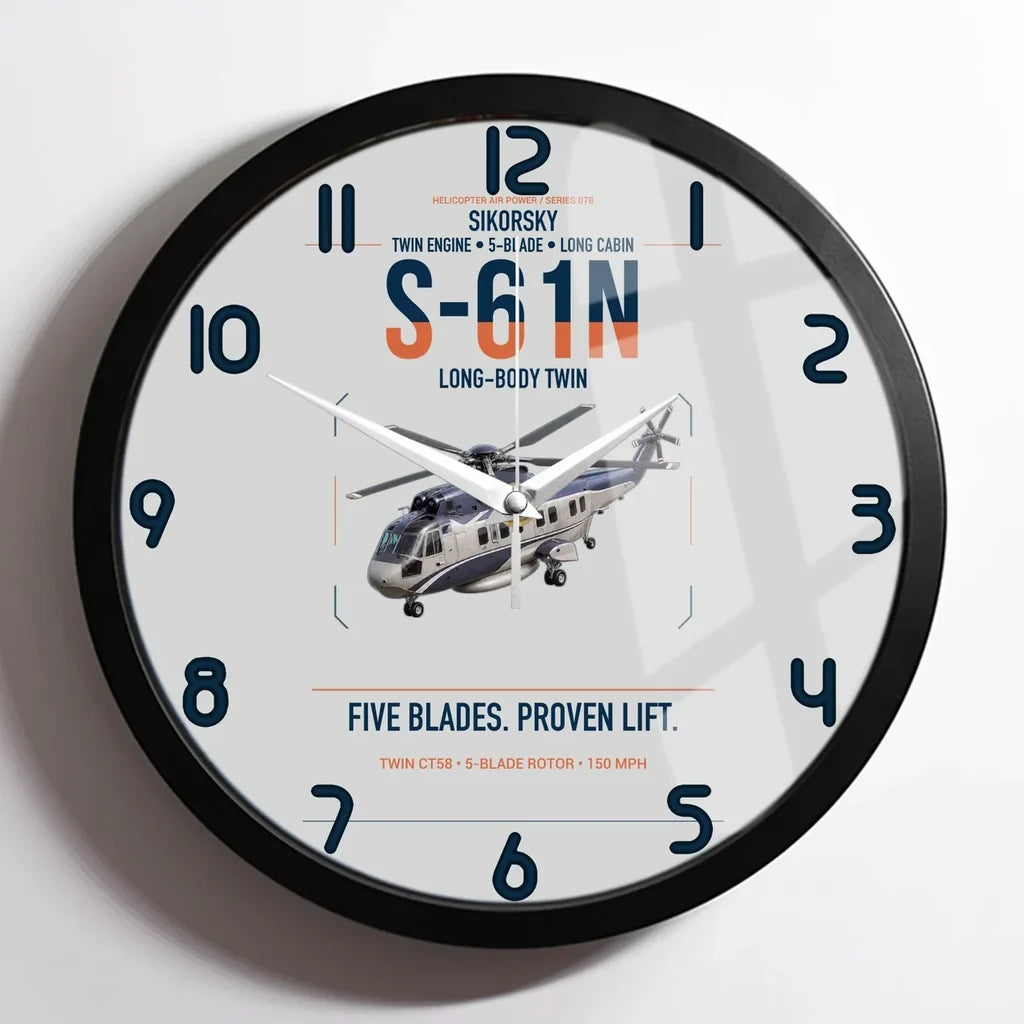 Sikorsky S-61N design on light gray framed wall clock