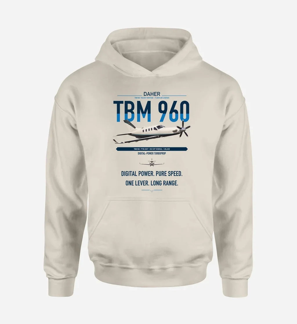 Daher TBM 960 design on khaki double-side hoodie, single-side print