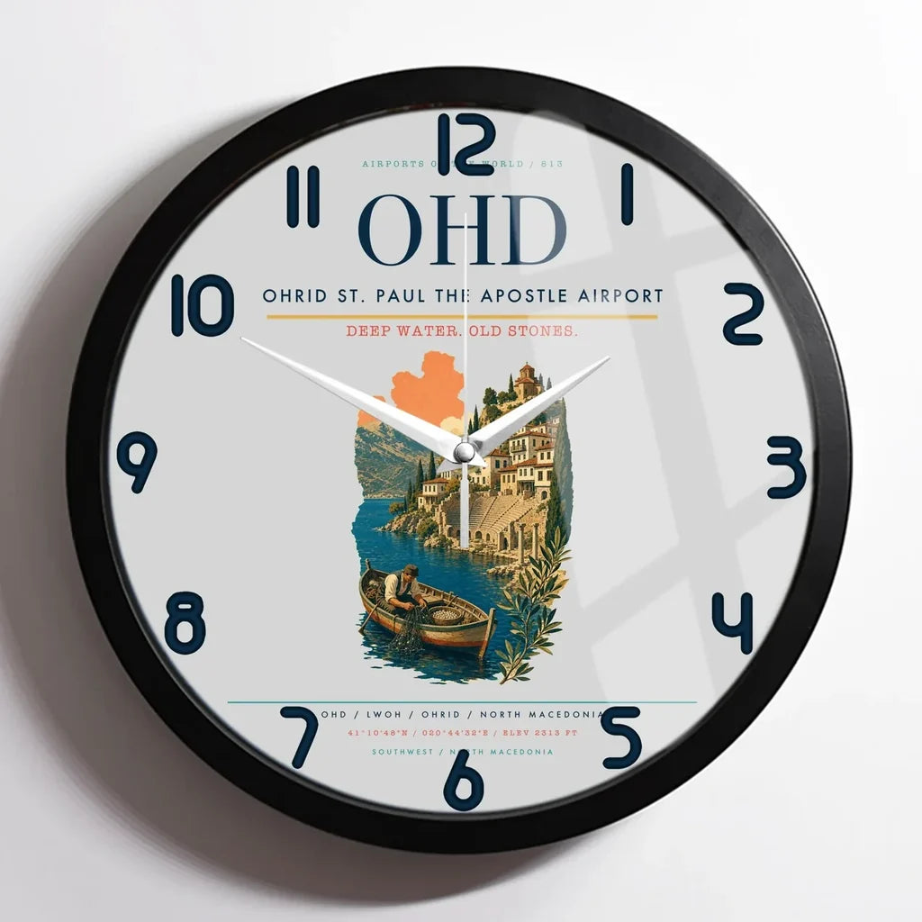 Ohrid St. Paul the Apostle Airport (OHD) design on light gray framed wall clock