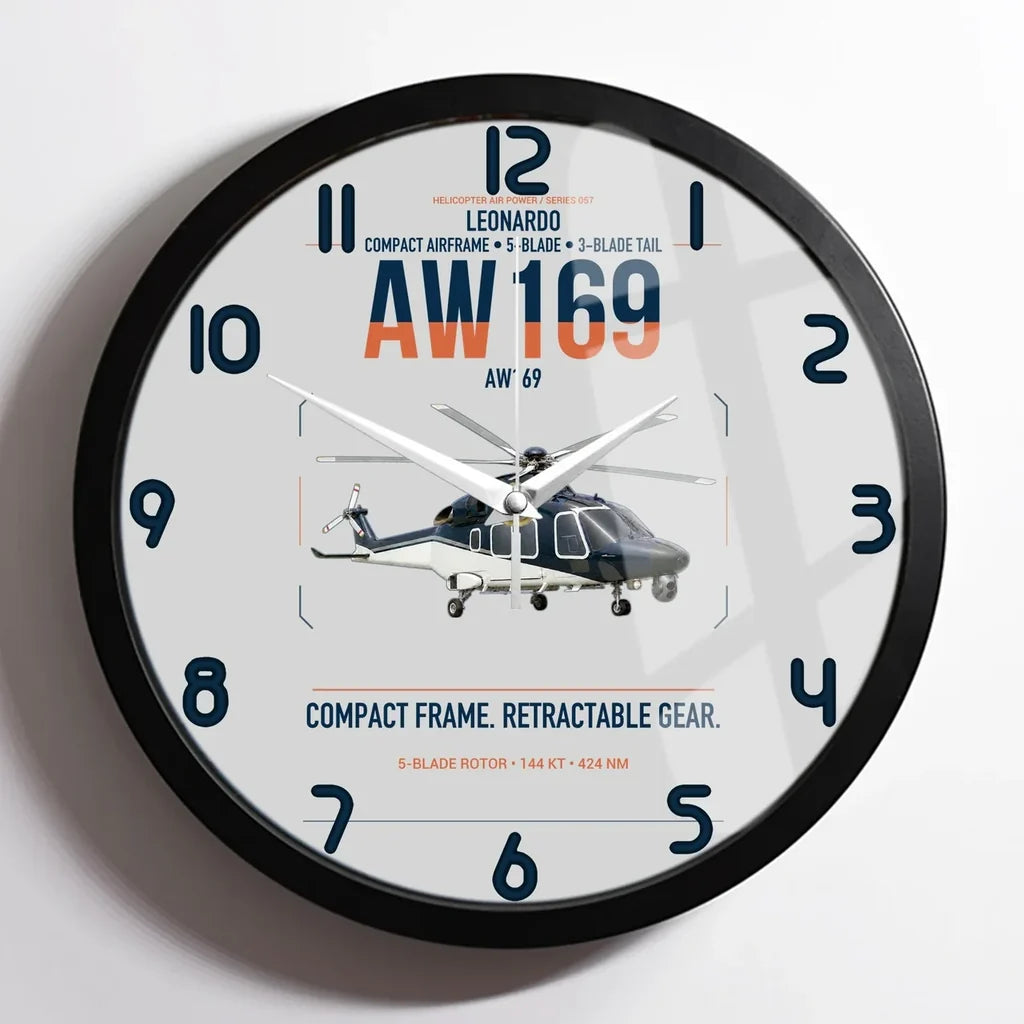 Leonardo AW169 design on light gray framed wall clock