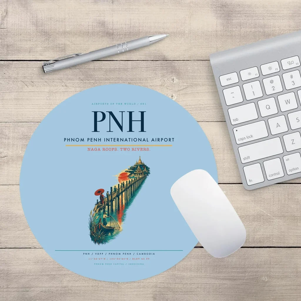 Phnom Penh International Airport (PNH) design on light blue round mouse pad