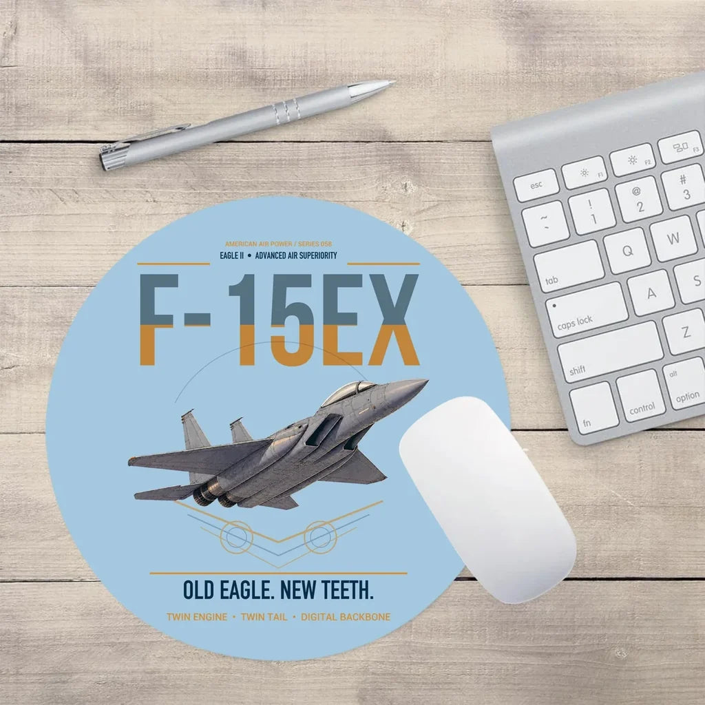 F-15EX Eagle II design on light blue round mouse pad