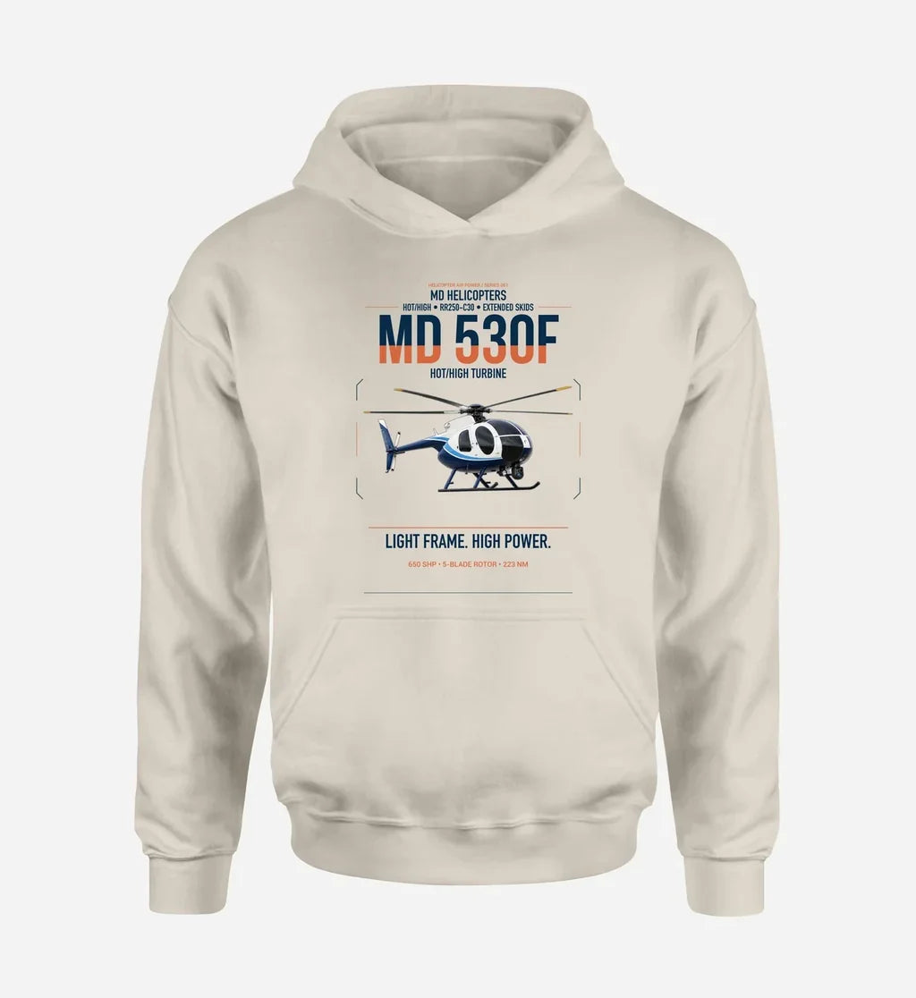 MD Helicopters MD 530F design on khaki double-side hoodie, single-side print