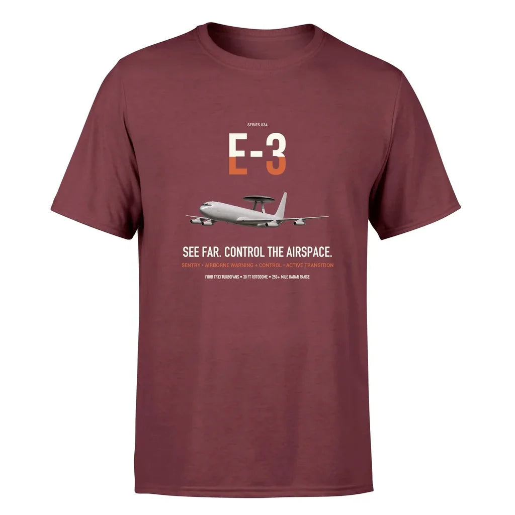 E-3 Sentry AWACS design on dark red double-side t-shirt, single-side print