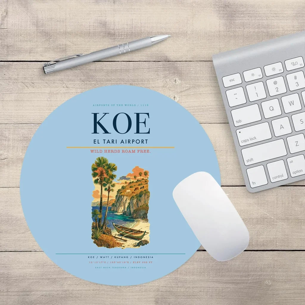 El Tari Airport (KOE) design on light blue round mouse pad