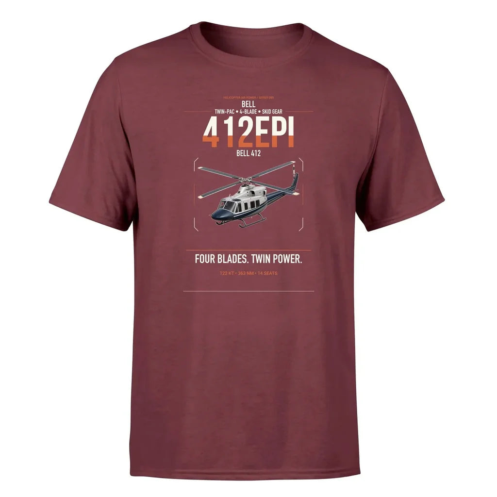 Bell 412EPI design on dark red t-shirt, single-side print