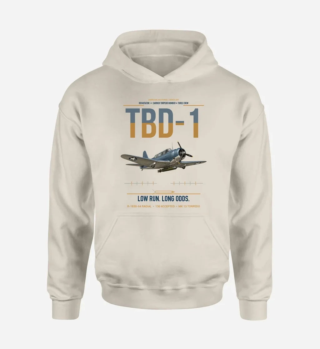 TBD-1 Devastator design on khaki double-side hoodie, single-side print