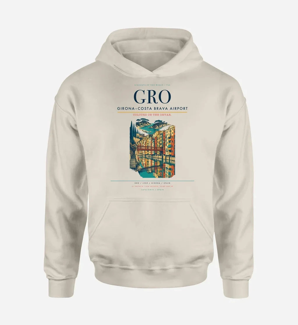 Girona–Costa Brava Airport (GRO) design on khaki hoodie single-side print