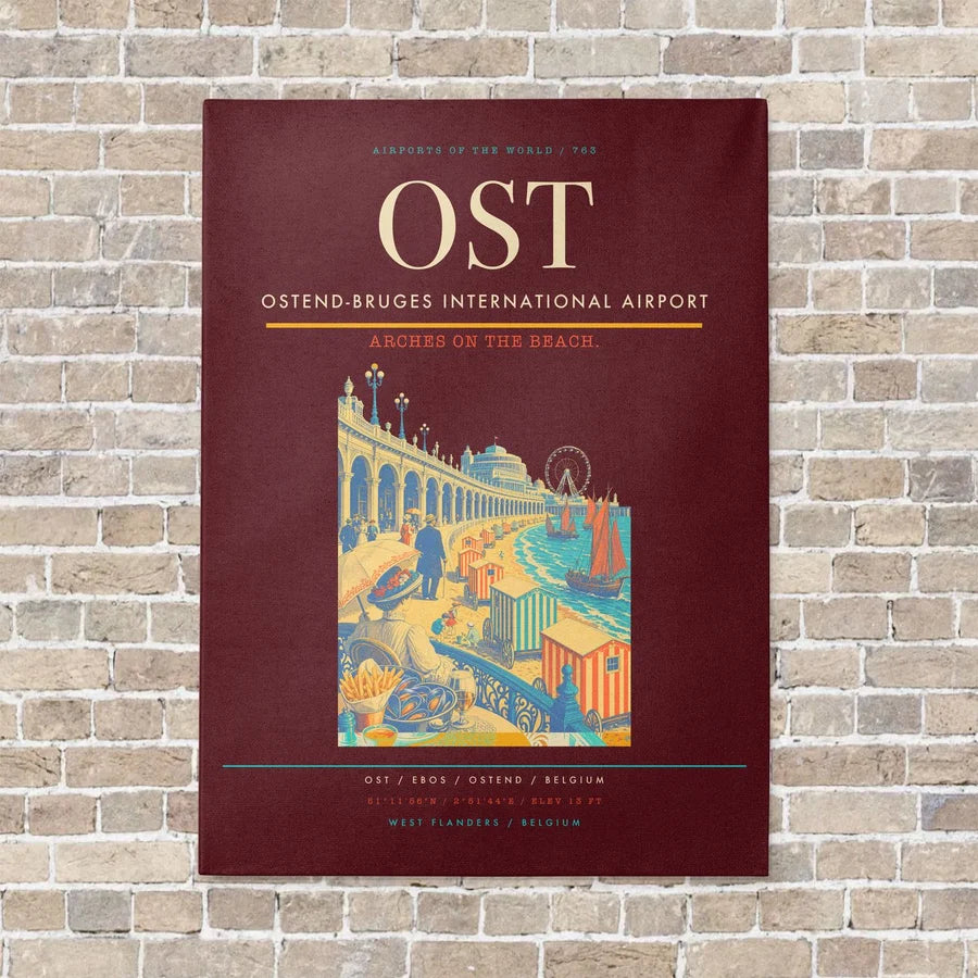 Ostend-Bruges International Airport OST vertical canvas print - no frame - dark red background