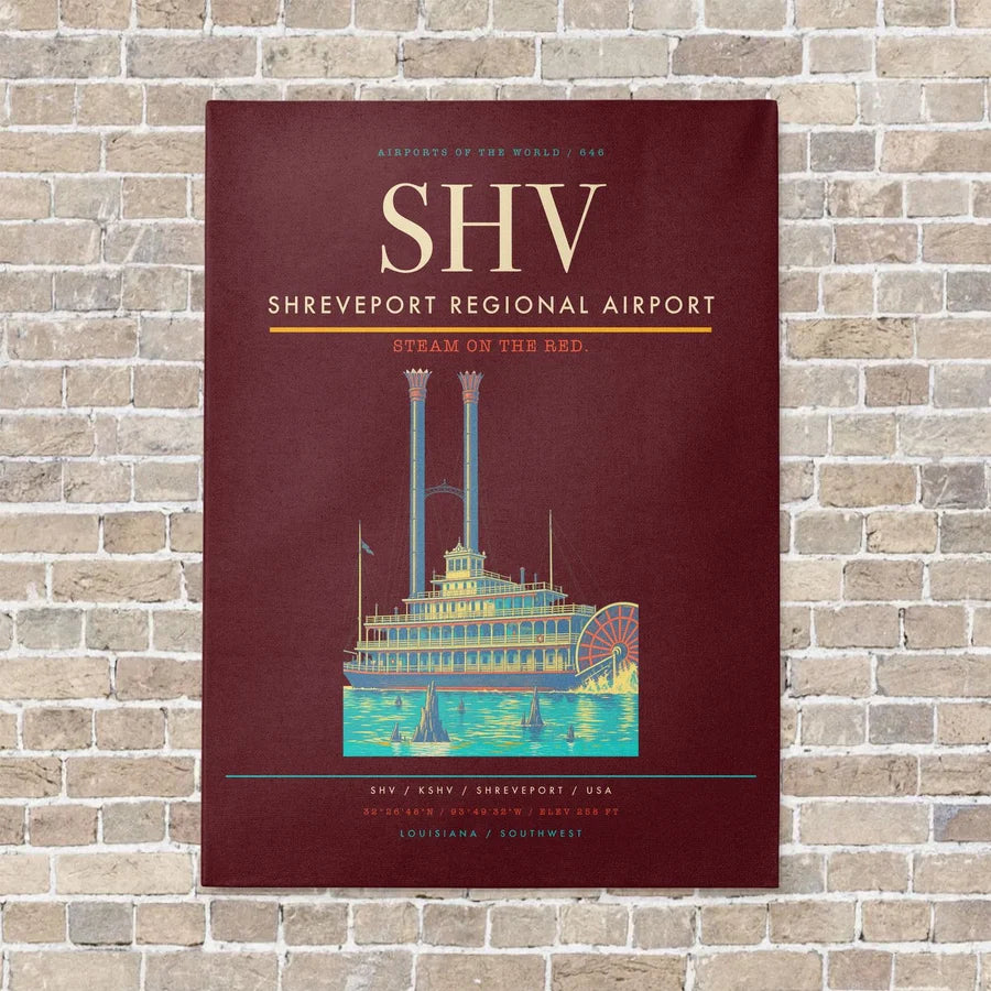 Shreveport Regional Airport SHV vertical canvas print - no frame - dark red background