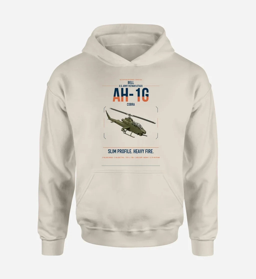 Bell AH-1G Cobra design on khaki double-side hoodie, single-side print
