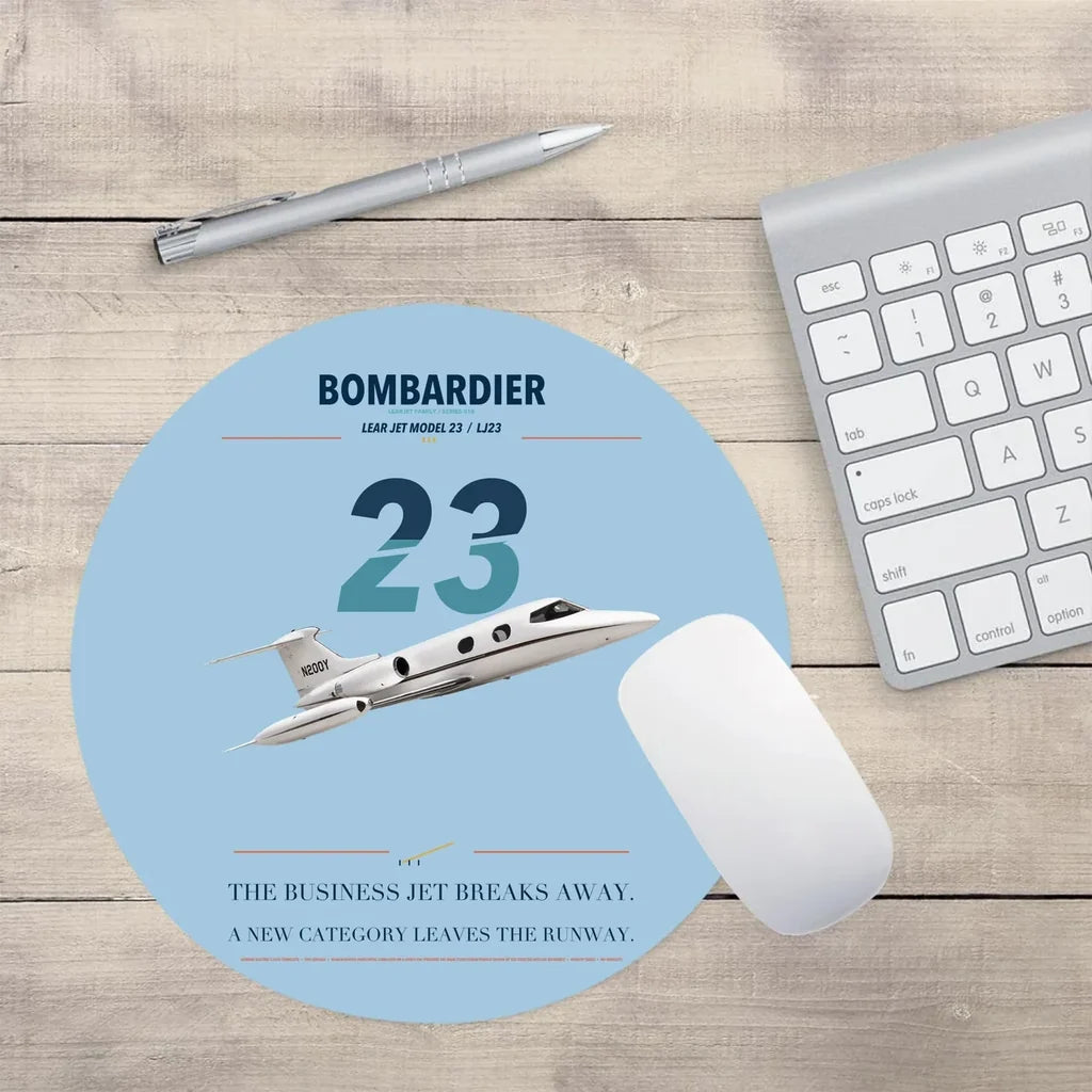 Bombardier Learjet 23 design on light blue round mouse pad
