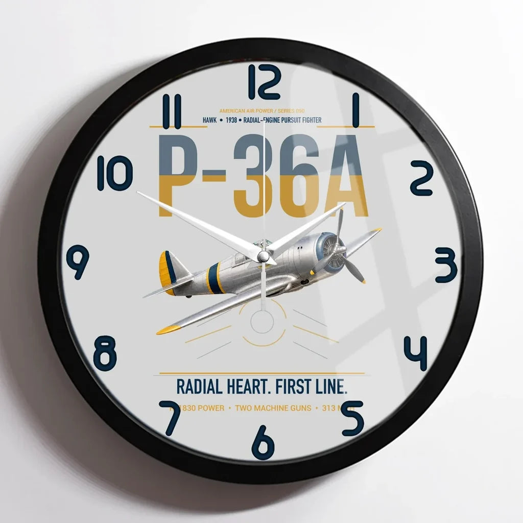 P-36A Hawk design on light gray framed wall clock