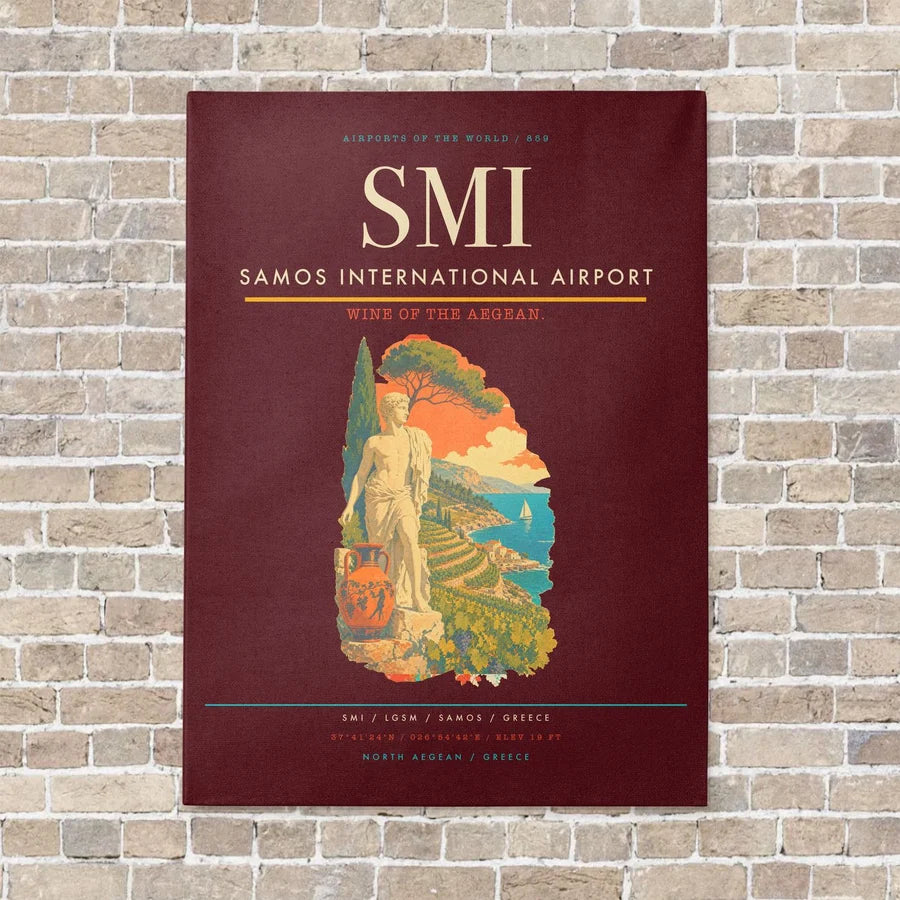 Samos International Airport SMI vertical canvas print - no frame - dark red background
