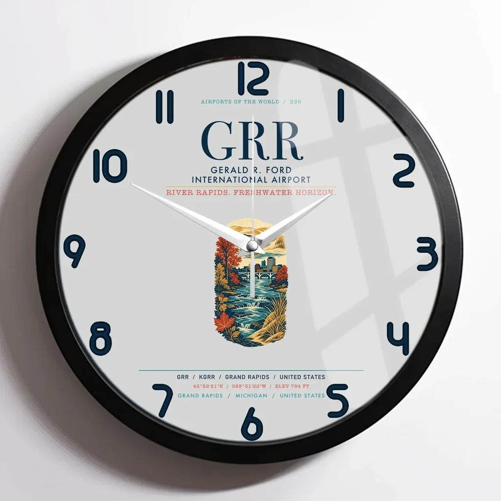 Gerald R. Ford International Airport Grand Rapids (GRR) design on light gray framed wall clock