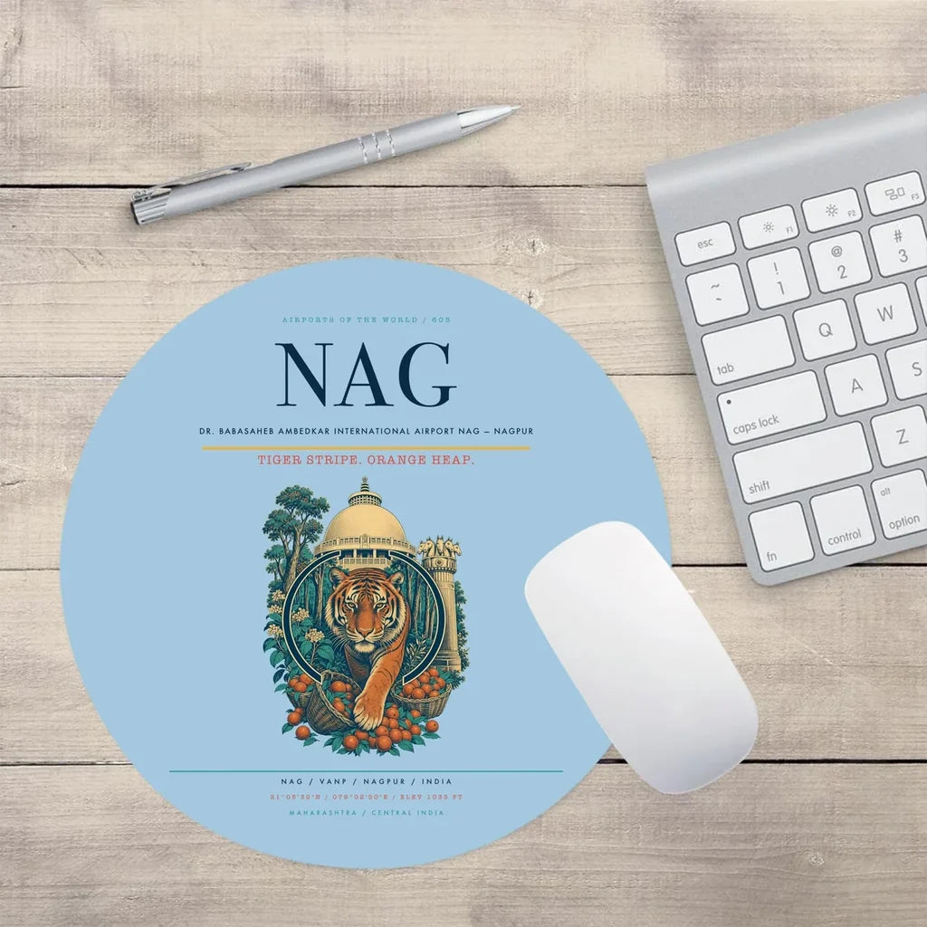 Dr. Babasaheb Ambedkar International Airport (NAG) design on light blue round mouse pad