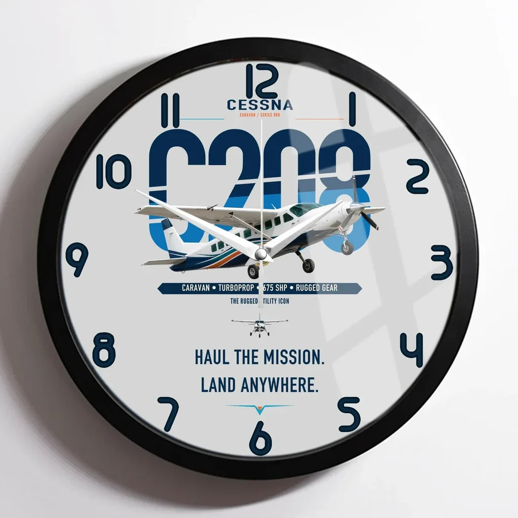 Cessna 208 Caravan design on light gray framed wall clock