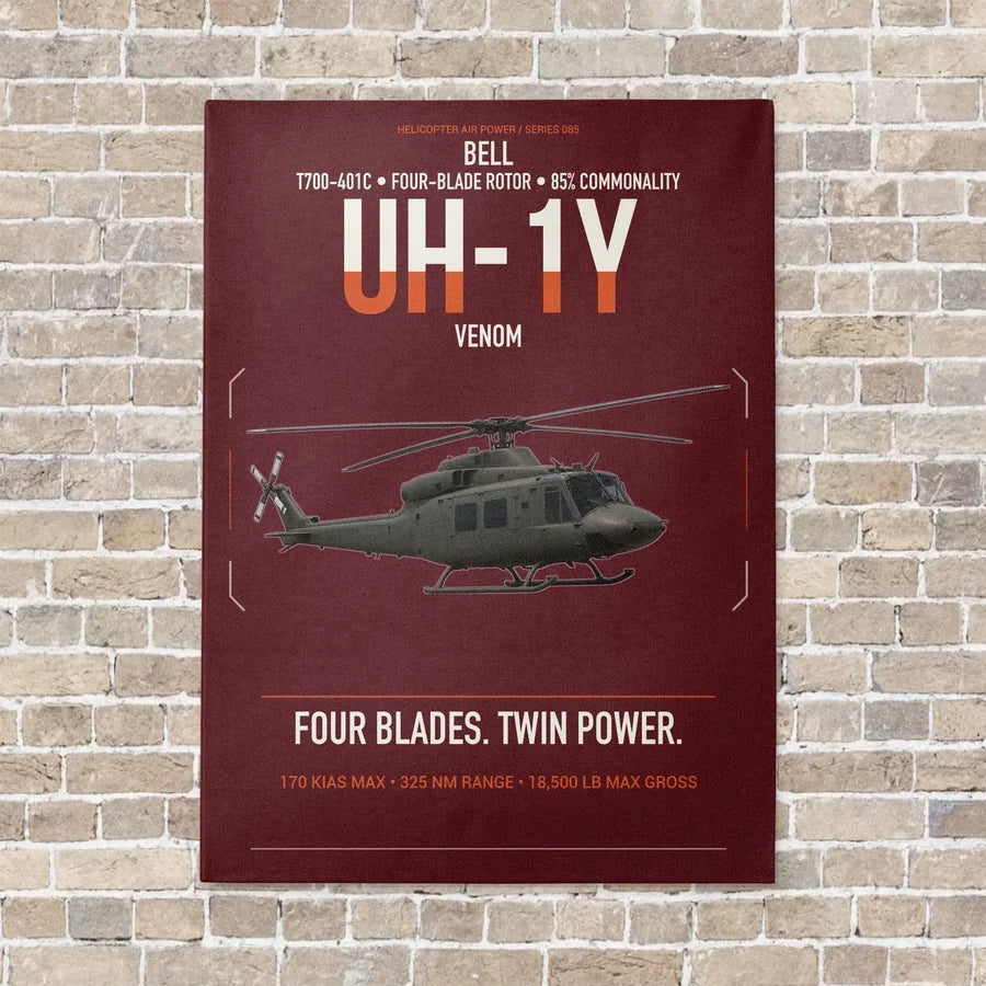 Bell UH-1Y Venom vertical canvas print - no frame - dark red background