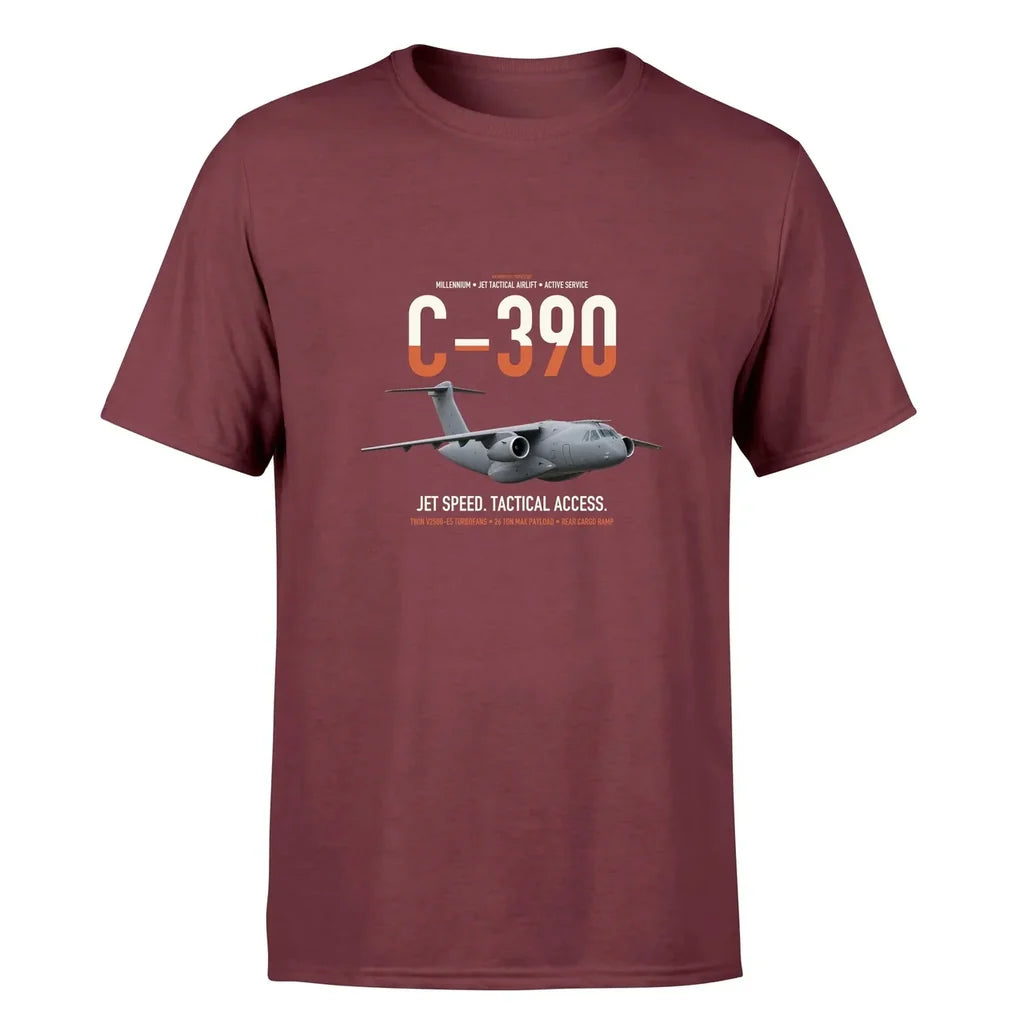 C-390 Millennium design on dark red double-side t-shirt, single-side print