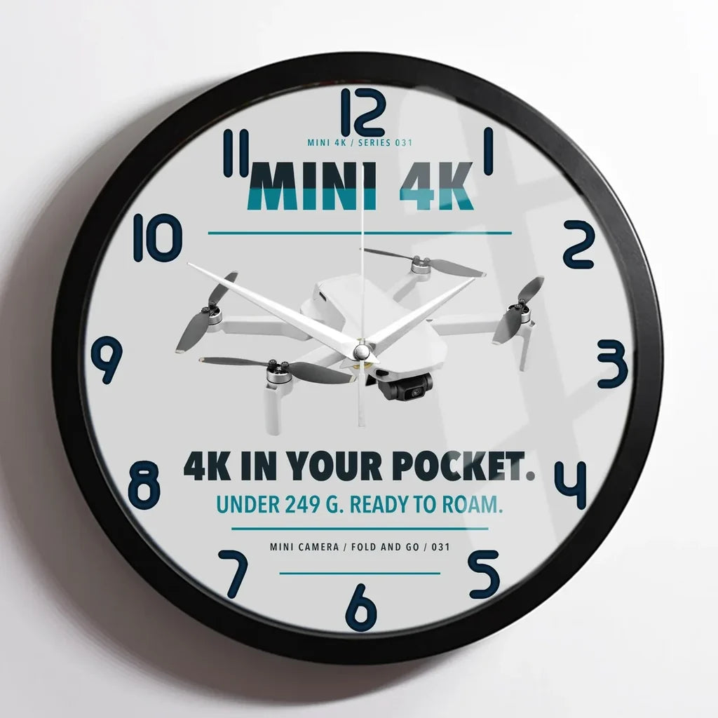 DJI Mini 4K design on light gray framed wall clock