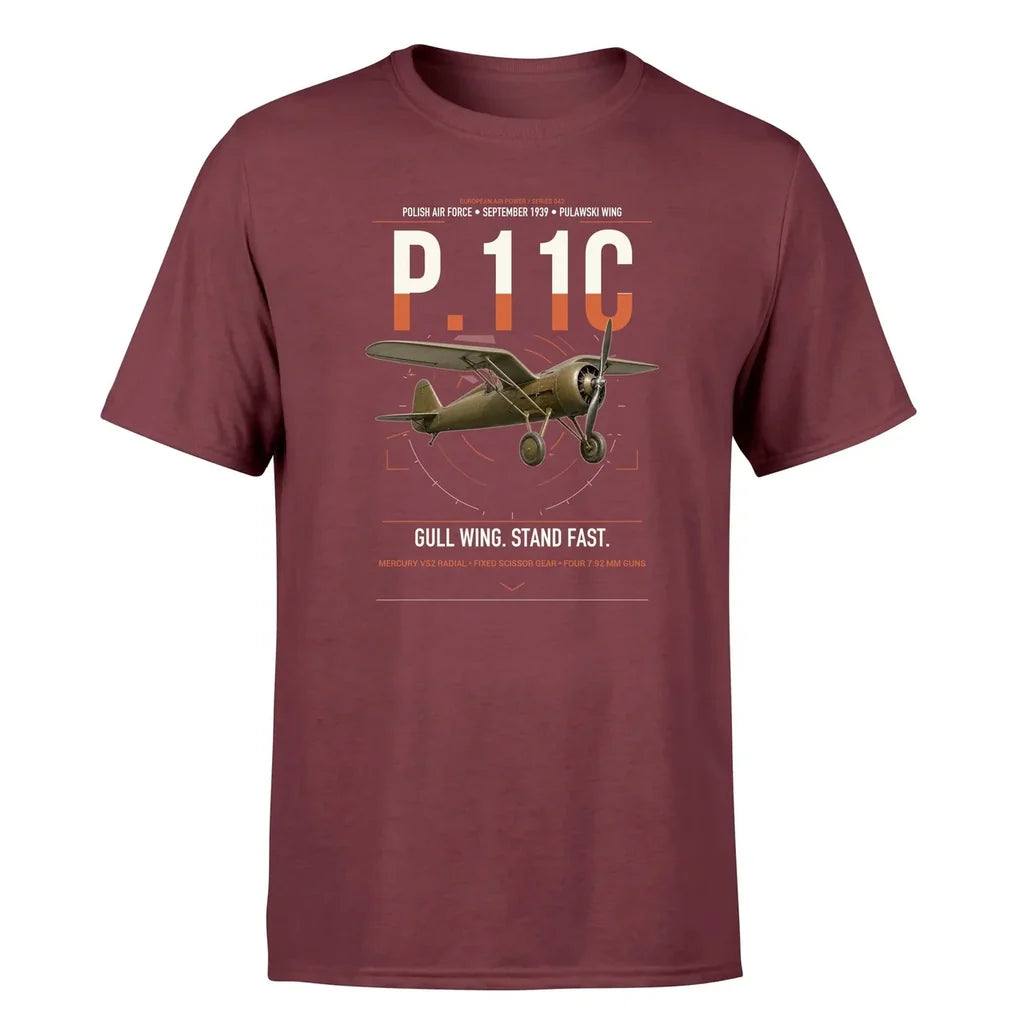 PZL P.11c design on dark red t-shirt, single-side print