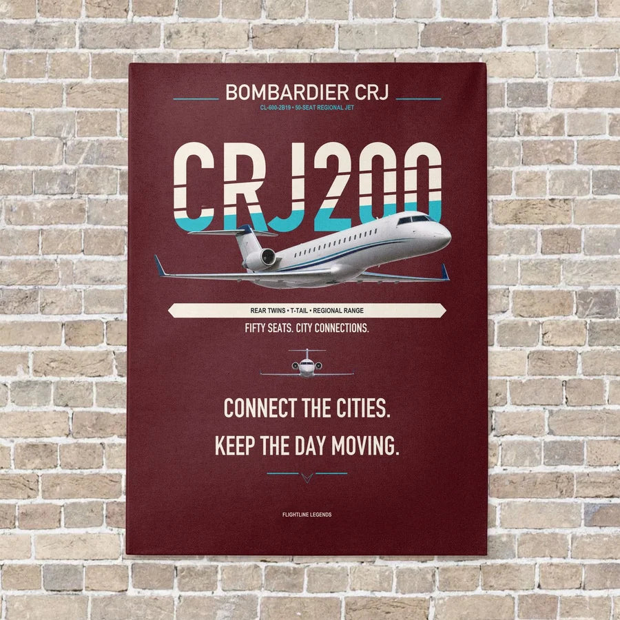 Bombardier CRJ200 vertical canvas print - no frame - dark red background