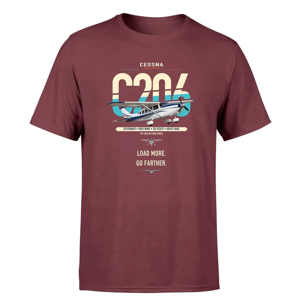 Cessna 206 Stationair design on dark red t-shirt, single-side print