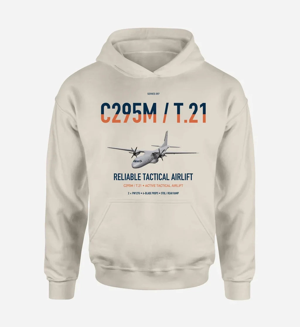 Airbus C295M T.21 design on khaki double-side hoodie, single-side print