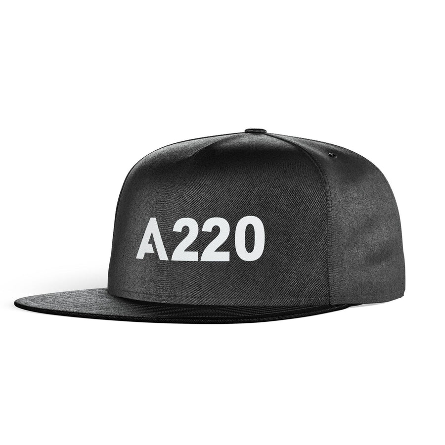 Airbus A220 Flat Text aviation embroidery on structured cotton snapback cap.