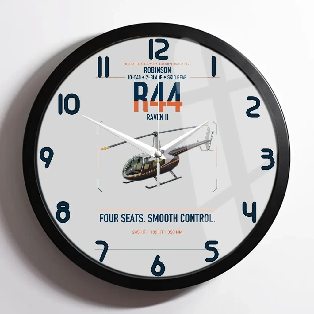 Robinson R44 Raven II design on light gray framed wall clock