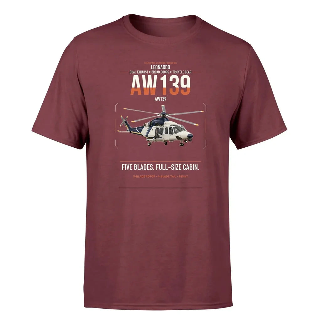 Leonardo AW139 design on dark red t-shirt, single-side print