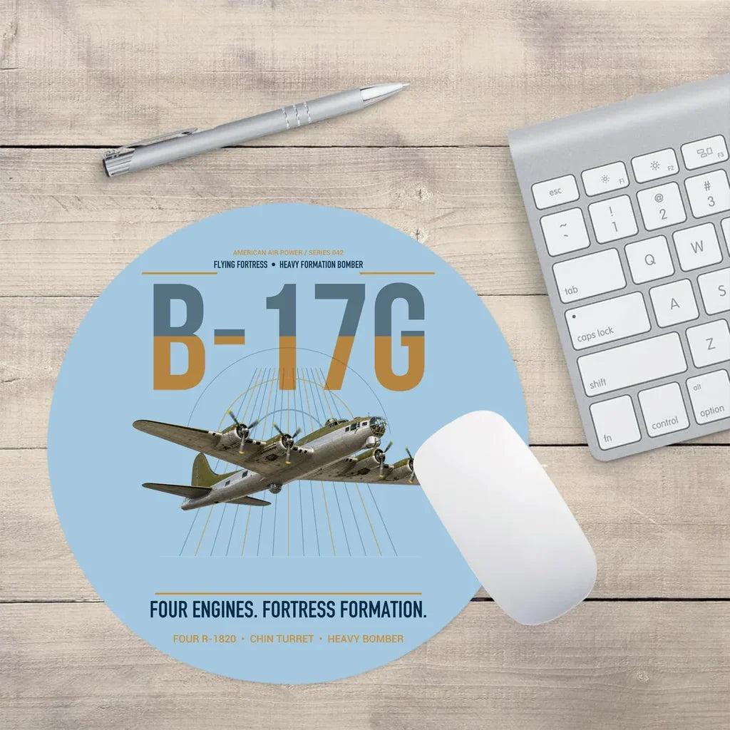 B-17G Flying Fortress design on light blue round mouse pad