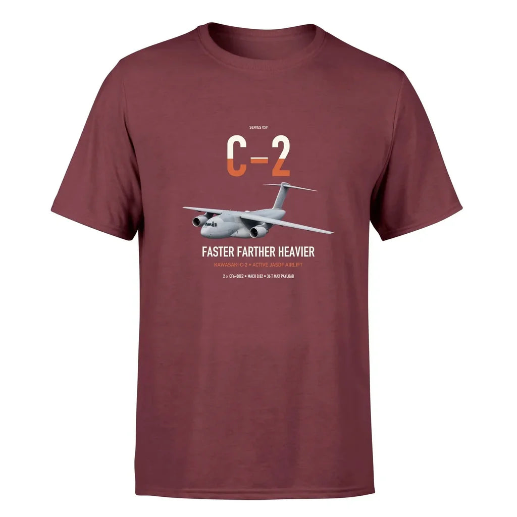Kawasaki C-2 design on dark red double-side t-shirt, single-side print