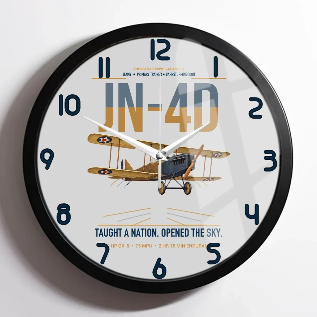 Curtiss JN-4D Jenny design on light gray framed wall clock