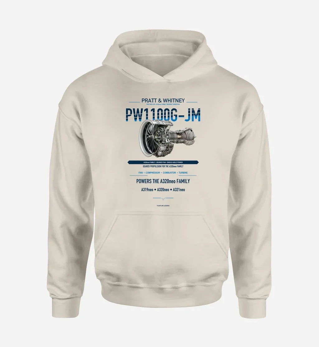 PW1100G-JM design on khaki hoodie single side
