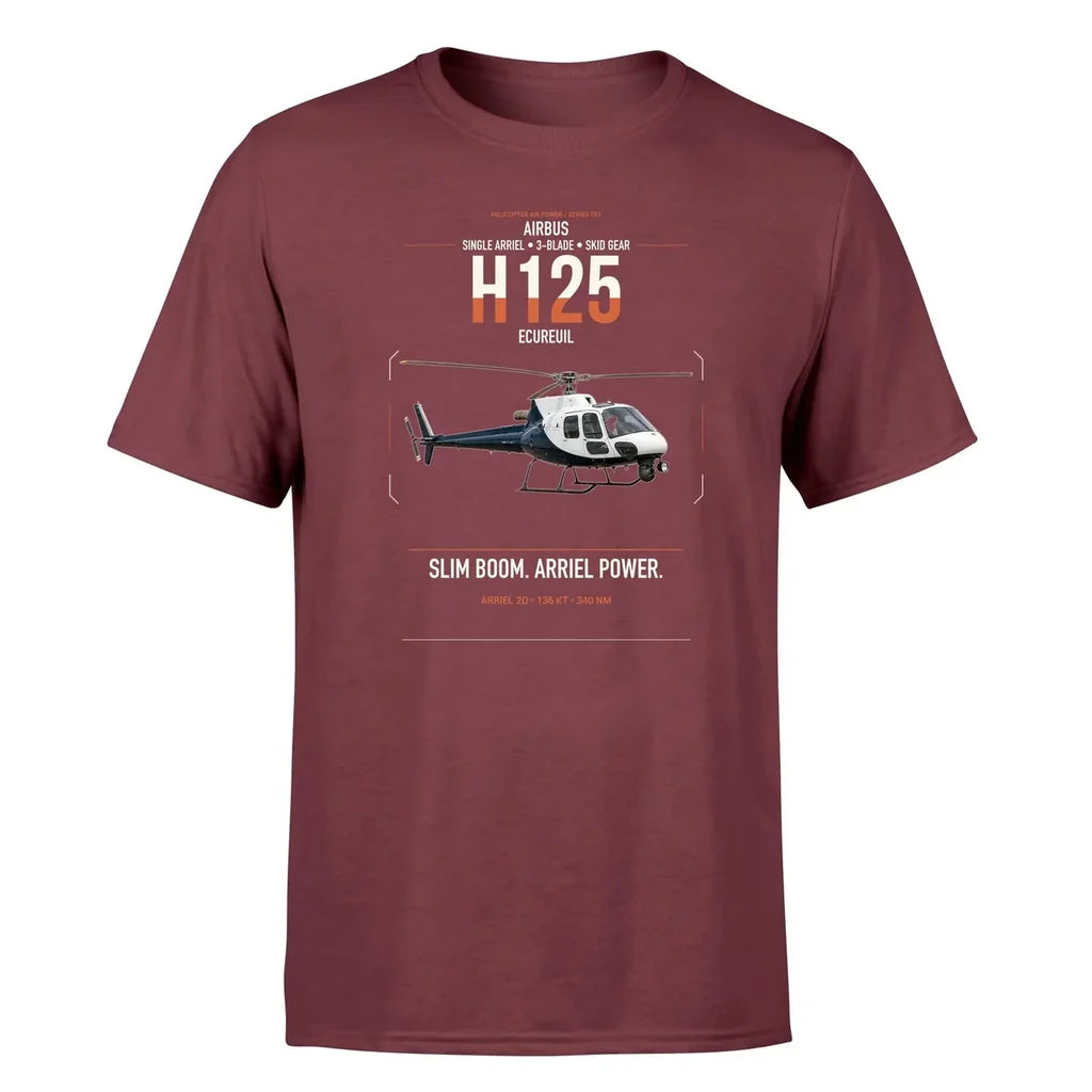 Airbus H125 design on dark red t-shirt, single-side print