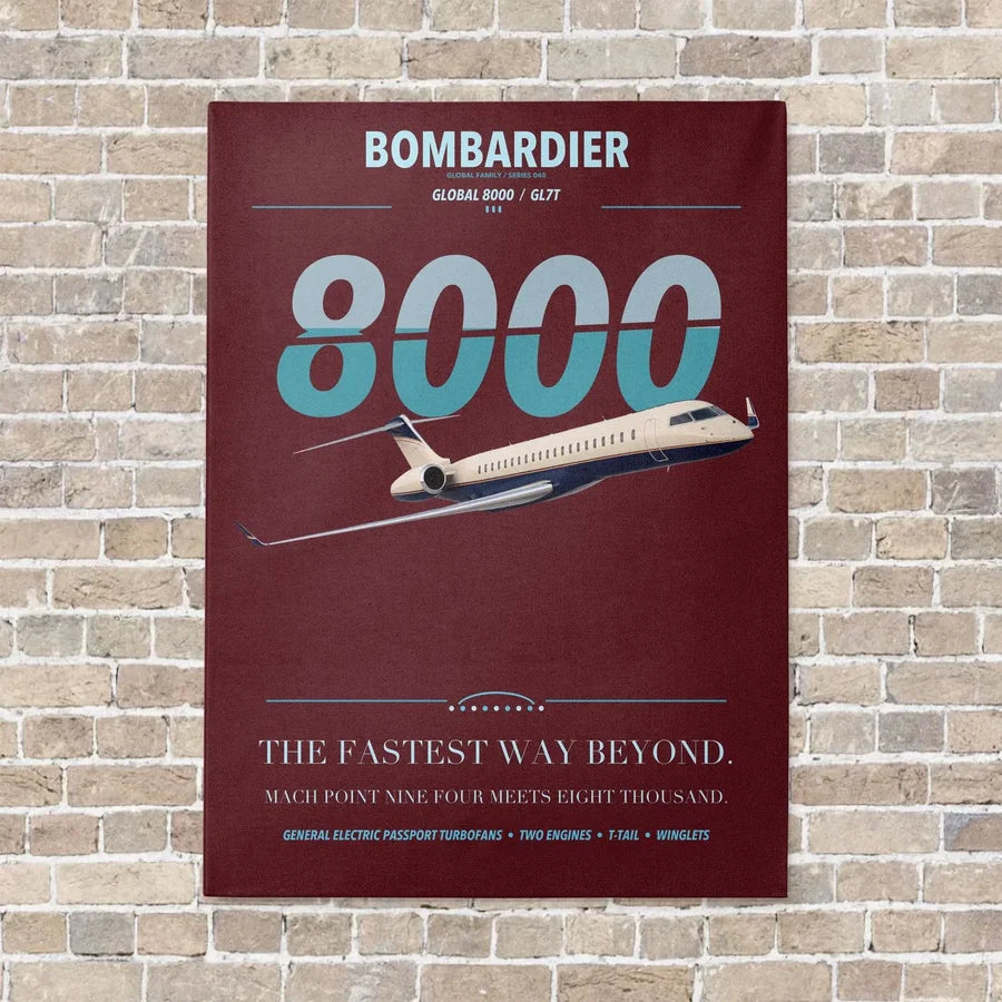 Bombardier Global 8000 vertical canvas print - no frame - dark red background