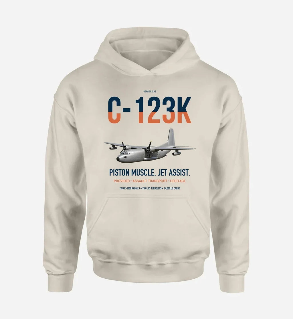 C-123K Provider design on khaki double-side hoodie, single-side print