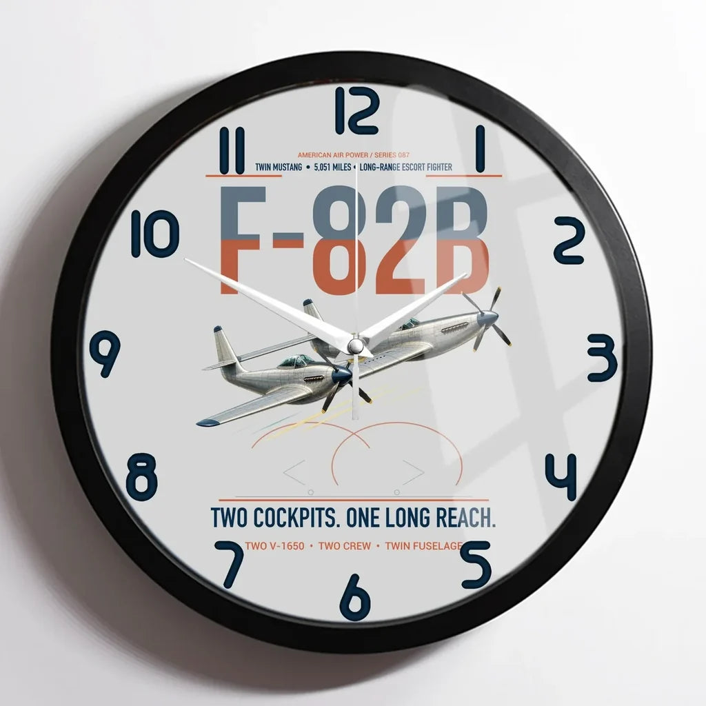 F-82B Twin Mustang design on light gray framed wall clock
