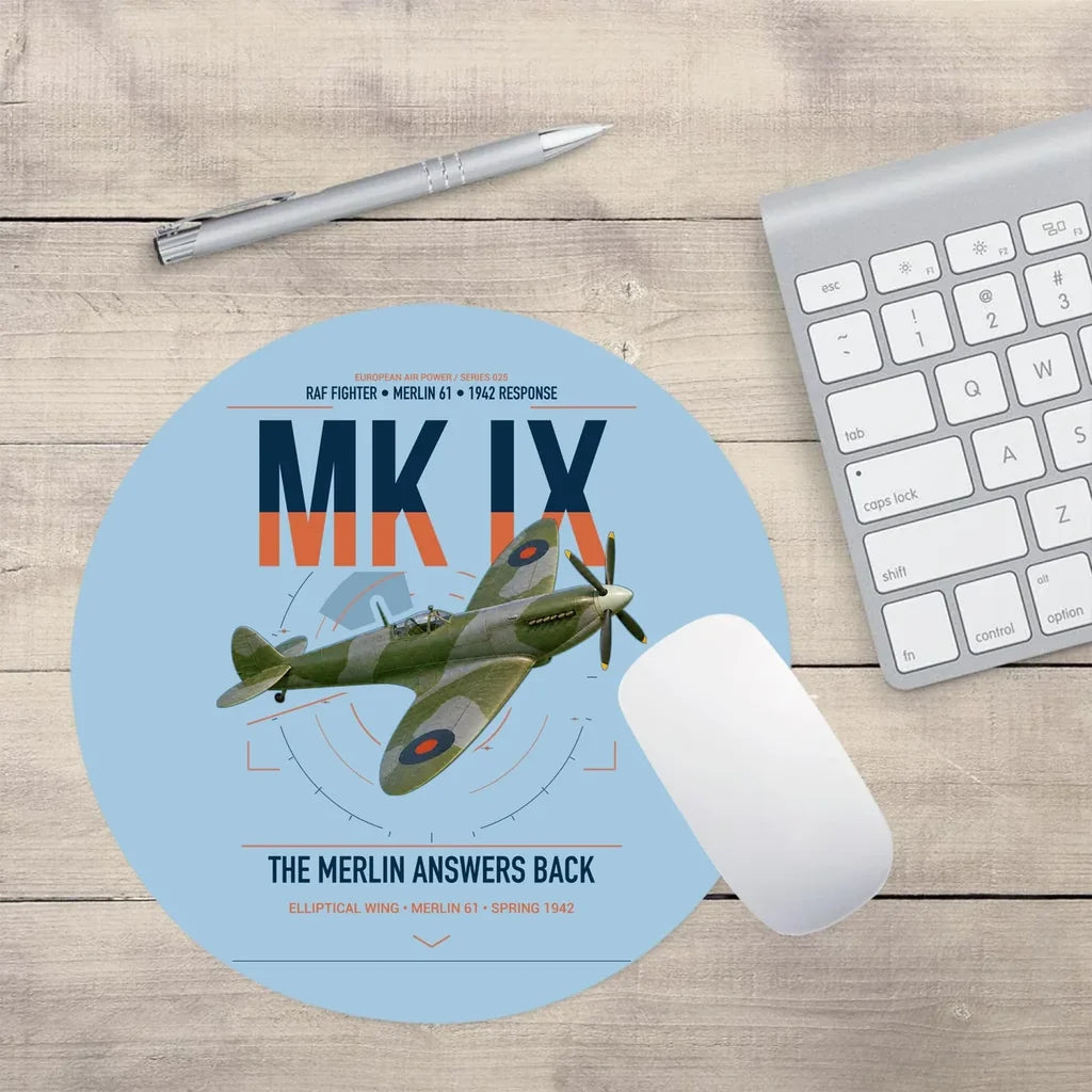Supermarine Spitfire Mk IX design on light blue round mouse pad