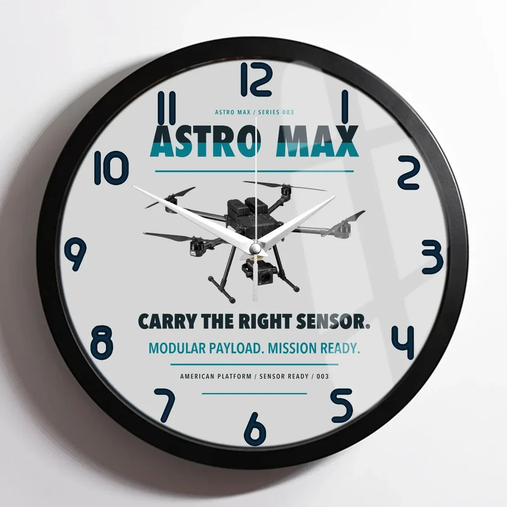 Freefly Astro Max design on light gray framed wall clock