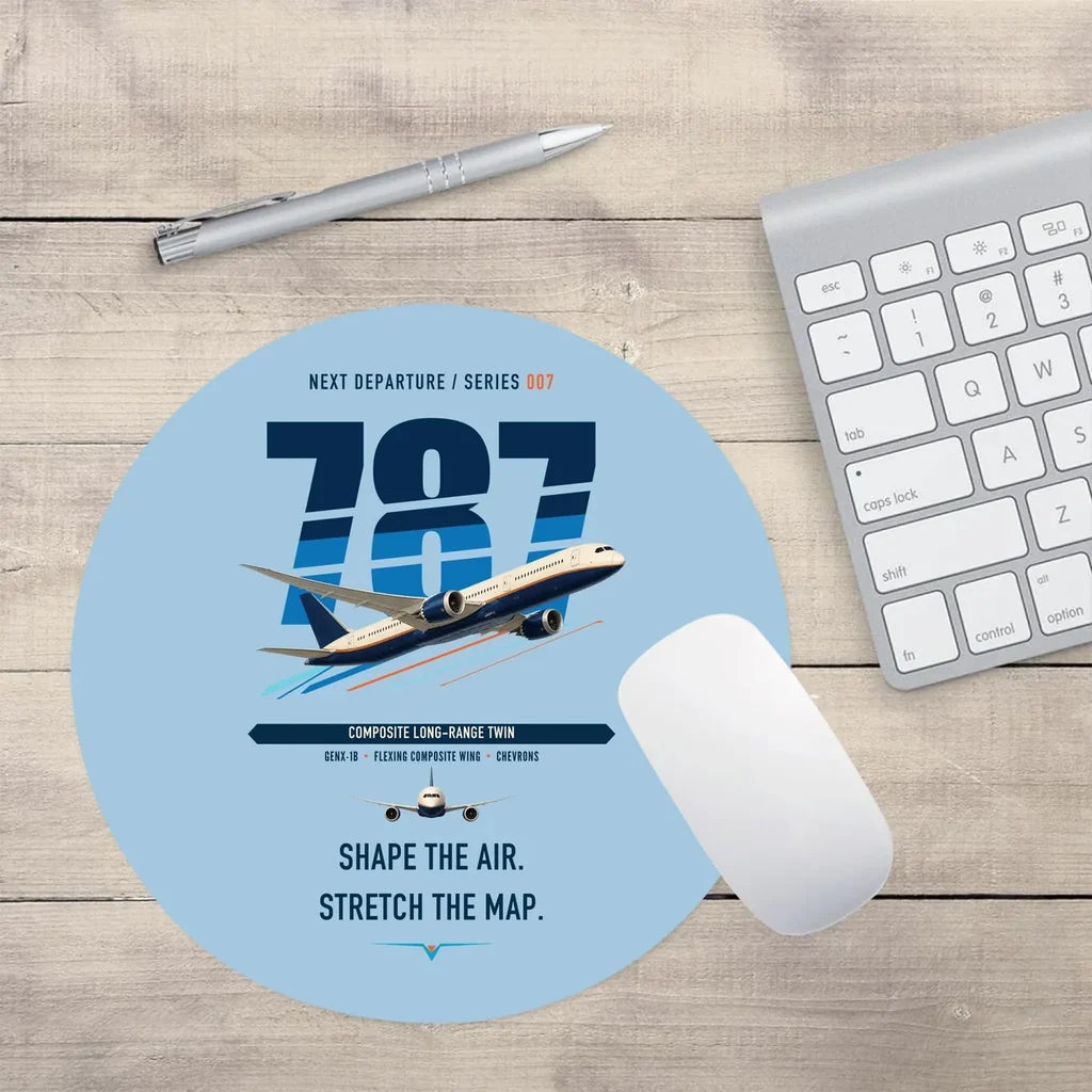 Boeing 787-9 Dreamliner design on light blue round mouse pad