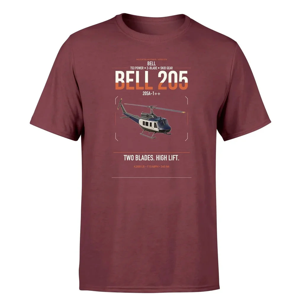 Bell 205A-1++ design on dark red t-shirt, single-side print
