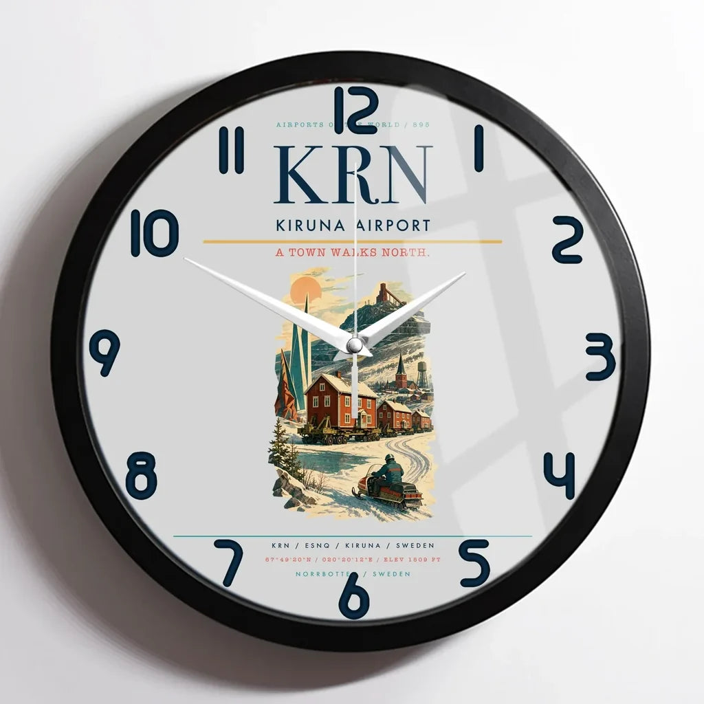 Kiruna Airport (KRN) design on light gray framed wall clock