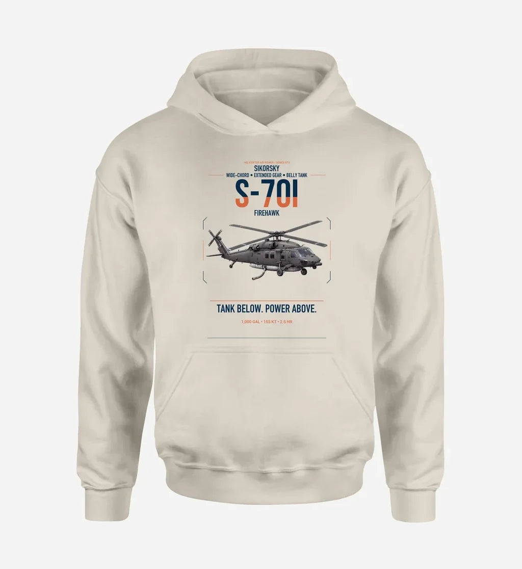 Sikorsky S-70i FIREHAWK design on khaki double-side hoodie, single-side print