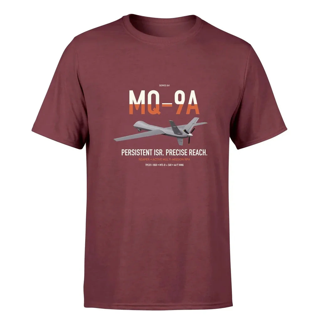 MQ-9A Reaper design on dark red double-side t-shirt, single-side print