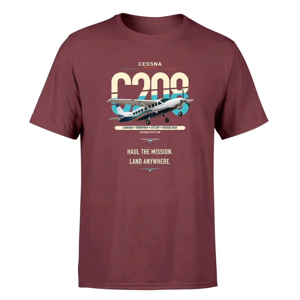 Cessna 208 Caravan design on dark red t-shirt, single-side print